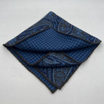 Holliday & Brown Hand-rolled   Holliday & Brown for Cruciani & Bella 100% Silk Blue and Brown Double Faces Patterned  Motif  Pocket Square Handmade in Italy 32 cm X 32 cm #7025