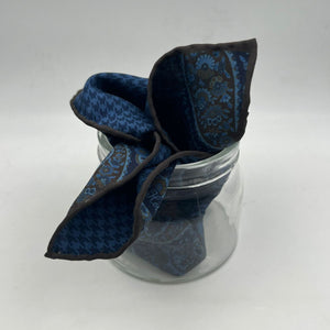 Holliday & Brown Hand-rolled   Holliday & Brown for Cruciani & Bella 100% Silk Blue and Brown Double Faces Patterned  Motif  Pocket Square Handmade in Italy 32 cm X 32 cm #7025