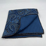 Holliday & Brown Hand-rolled   Holliday & Brown for Cruciani & Bella 100% Silk Blue and Brown Double Faces Patterned  Motif  Pocket Square Handmade in Italy 32 cm X 32 cm #7025