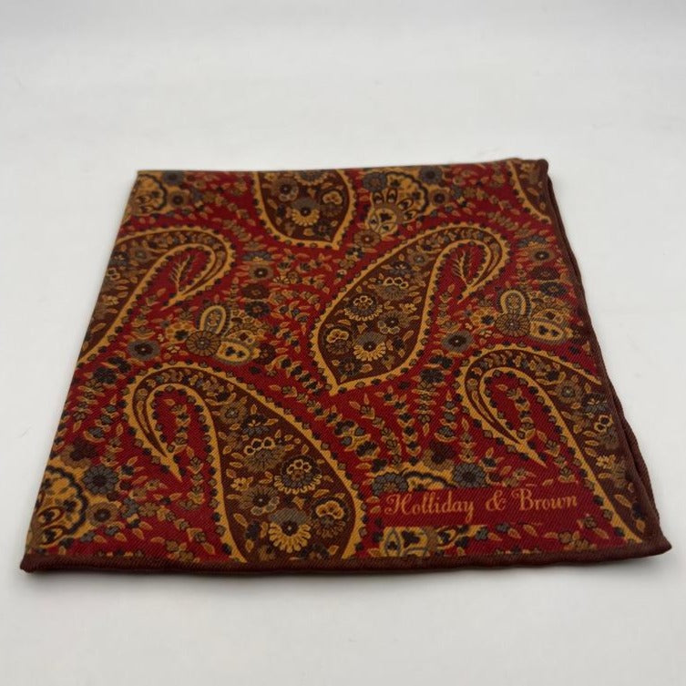 Holliday & Brown Hand-rolled   Holliday & Brown for Cruciani & Bella 100% Silk Wine and Brown Double Faces Patterned  Motif  Pocket Square Handmade in Italy 32 cm X 32 cm #7027