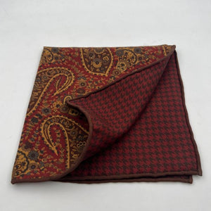 Holliday & Brown Hand-rolled   Holliday & Brown for Cruciani & Bella 100% Silk Wine and Brown Double Faces Patterned  Motif  Pocket Square Handmade in Italy 32 cm X 32 cm #7027