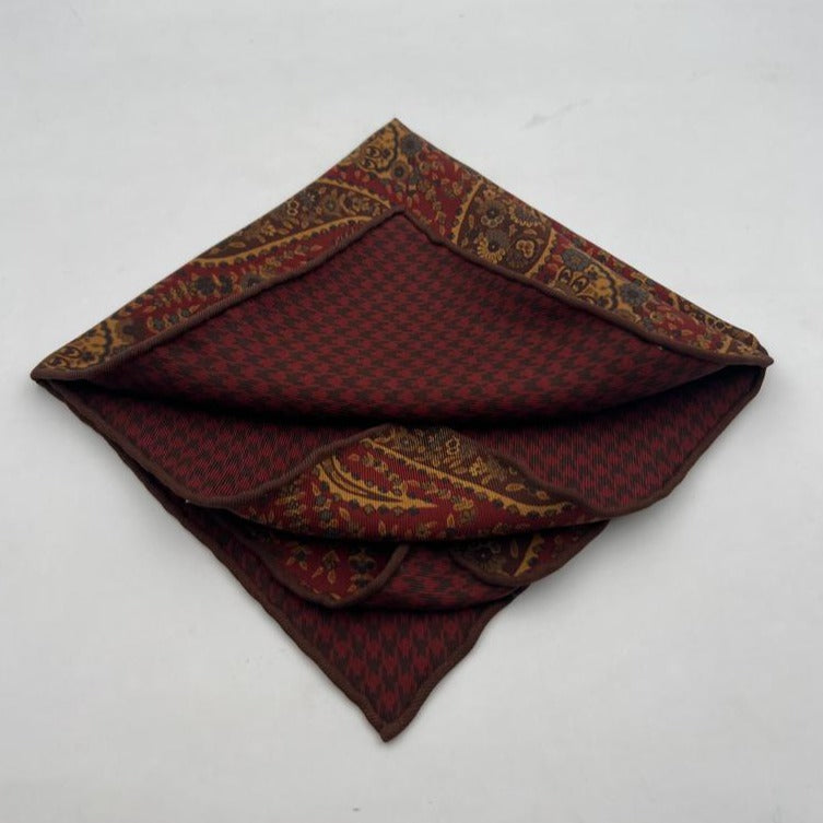 Holliday & Brown Hand-rolled   Holliday & Brown for Cruciani & Bella 100% Silk Wine and Brown Double Faces Patterned  Motif  Pocket Square Handmade in Italy 32 cm X 32 cm #7027