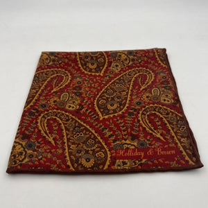 Holliday & Brown Hand-rolled   Holliday & Brown for Cruciani & Bella 100% Silk Wine and Brown Double Faces Patterned  Motif  Pocket Square Handmade in Italy 32 cm X 32 cm #7027