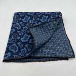 Holliday & Brown Hand-rolled   Holliday & Brown for Cruciani & Bella 100% Silk Blue, Light Blue and Brown Double Faces Patterned  Motif  Pocket Square Handmade in Italy 32 cm X 32 cm #7030