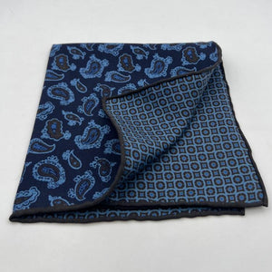 Holliday & Brown Hand-rolled   Holliday & Brown for Cruciani & Bella 100% Silk Blue, Light Blue and Brown Double Faces Patterned  Motif  Pocket Square Handmade in Italy 32 cm X 32 cm #7030