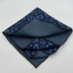 Holliday & Brown Hand-rolled   Holliday & Brown for Cruciani & Bella 100% Silk Blue, Light Blue and Brown Double Faces Patterned  Motif  Pocket Square Handmade in Italy 32 cm X 32 cm #7030