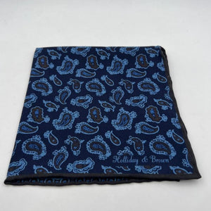 Holliday & Brown Hand-rolled   Holliday & Brown for Cruciani & Bella 100% Silk Blue, Light Blue and Brown Double Faces Patterned  Motif  Pocket Square Handmade in Italy 32 cm X 32 cm #7030