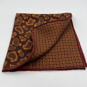 Holliday & Brown Hand-rolled   Holliday & Brown for Cruciani & Bella 100% Silk Brown, Light Brown and Wine Double Faces Patterned  Motif  Pocket Square Handmade in Italy 32 cm X 32 cm #7032