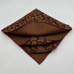 Holliday & Brown Hand-rolled   Holliday & Brown for Cruciani & Bella 100% Silk Brown, Light Brown and Wine Double Faces Patterned  Motif  Pocket Square Handmade in Italy 32 cm X 32 cm #7032