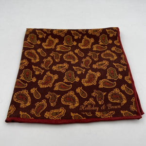 Holliday & Brown Hand-rolled   Holliday & Brown for Cruciani & Bella 100% Silk Brown, Light Brown and Wine Double Faces Patterned  Motif  Pocket Square Handmade in Italy 32 cm X 32 cm #7032
