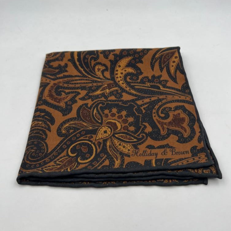 Holliday & Brown Hand-rolled   Holliday & Brown for Cruciani & Bella 100% Silk Brown, Light Brown and Blue Double Faces Patterned  Motif  Pocket Square Handmade in Italy 32 cm X 32 cm #7028