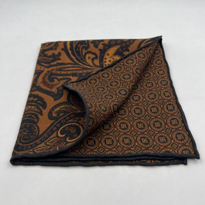 Holliday & Brown Hand-rolled   Holliday & Brown for Cruciani & Bella 100% Silk Brown, Light Brown and Blue Double Faces Patterned  Motif  Pocket Square Handmade in Italy 32 cm X 32 cm #7028