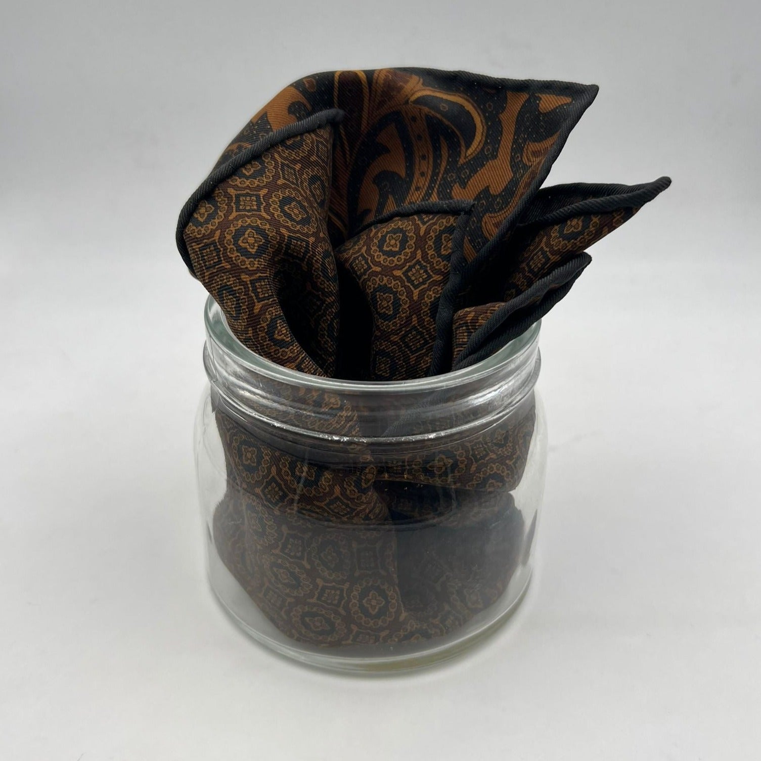 Holliday & Brown Hand-rolled   Holliday & Brown for Cruciani & Bella 100% Silk Brown, Light Brown and Blue Double Faces Patterned  Motif  Pocket Square Handmade in Italy 32 cm X 32 cm #7028