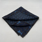 Holliday & Brown Hand-rolled   Holliday & Brown for Cruciani & Bella 100% Silk Blue, Brown  Double Faces Patterned  Motif  Pocket Square Handmade in Italy 32 cm X 32 cm #7029