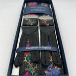 Albert Thurston for Cruciani & Bella Made in England Adjustable Sizing 40 mm Woven Silk Black, Red and Multicolor Floreal Motif  Braces Y-Shaped Nickel Fittings Size: XL 6758