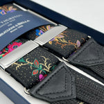 Albert Thurston for Cruciani & Bella Made in England Adjustable Sizing 40 mm Woven Silk Black, Red and Multicolor Floreal Motif  Braces Y-Shaped Nickel Fittings Size: XL 6758