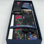 Albert Thurston for Cruciani & Bella Made in England Adjustable Sizing 40 mm Woven Silk Black, Red and Multicolor Floreal Motif  Braces Y-Shaped Nickel Fittings Size: XL 6758