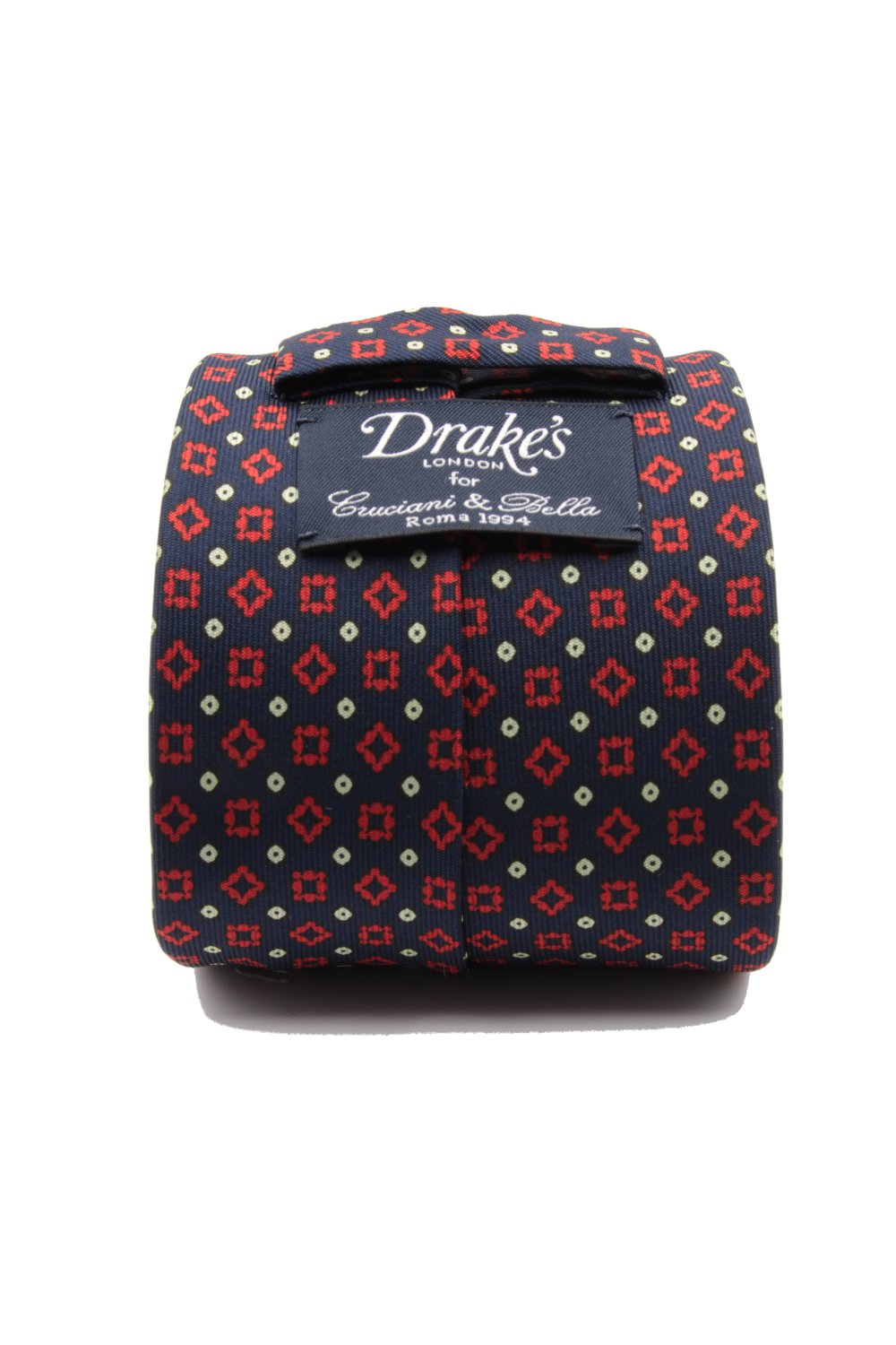 drake's Dark blue, red medallion and white dots tie