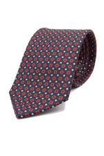 drake's Dark blue, red medallion and white dots tie