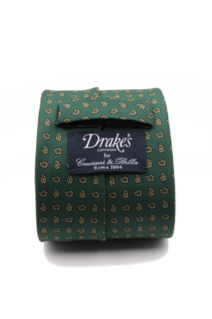 drake's Green, light yellow and brown print tie