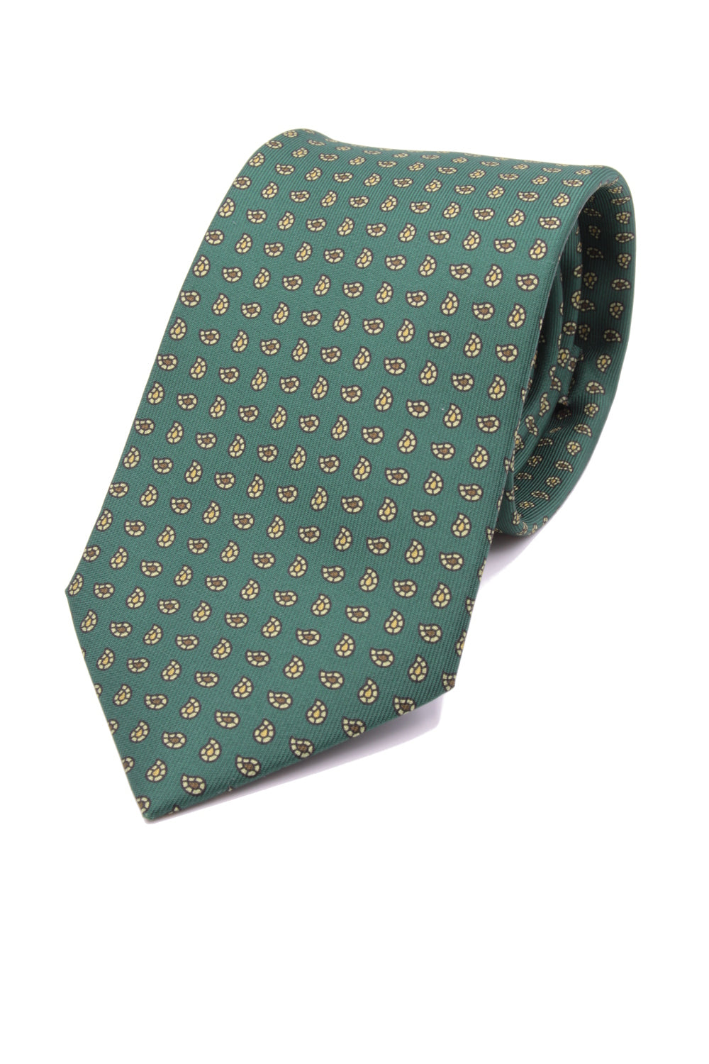 drake's Green, light yellow and brown print tie