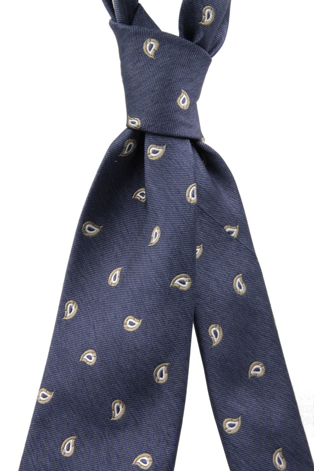 Royal blue, white and olive green paisley tie