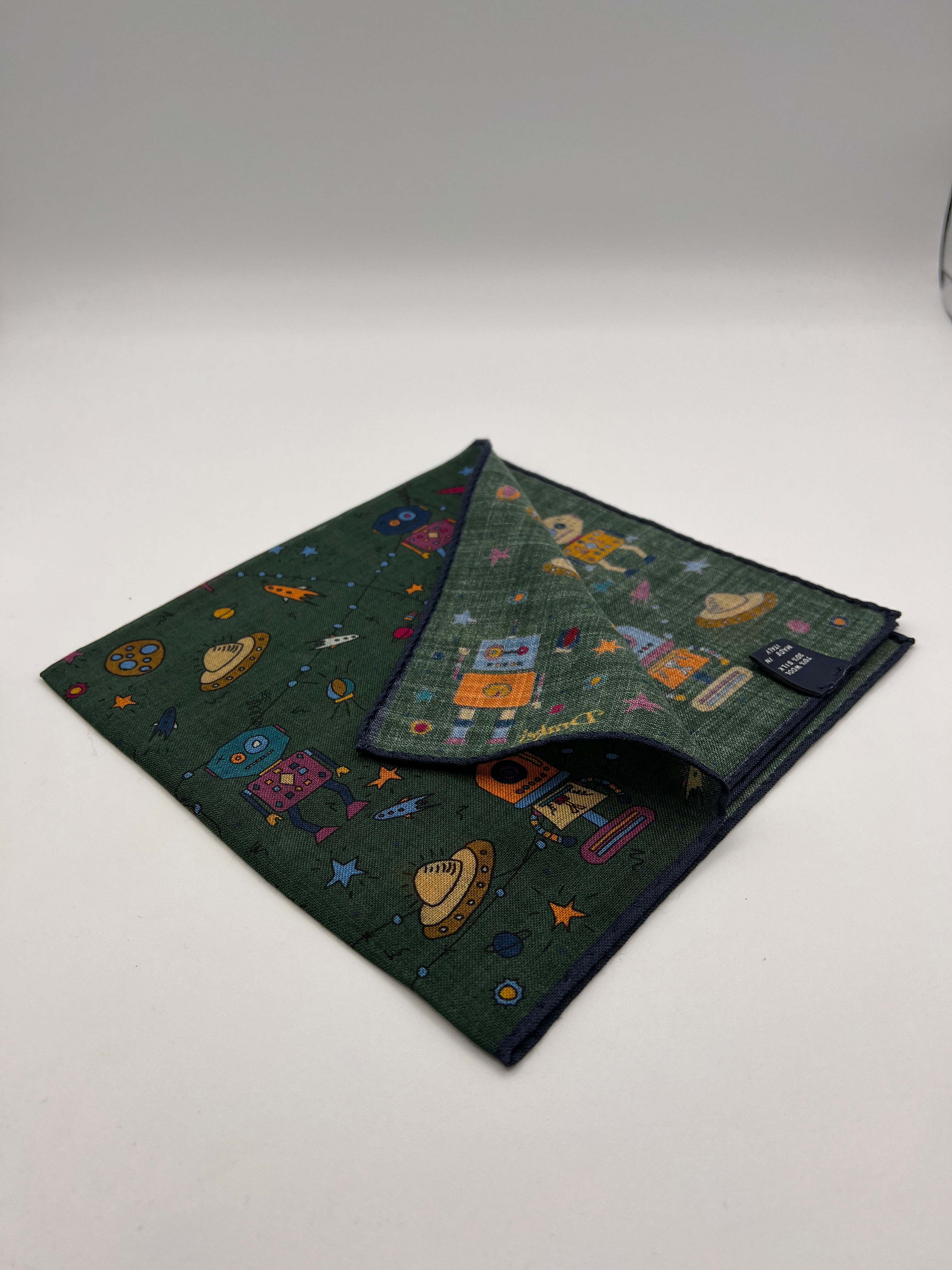 Drake's  - Printed Wool & Silk - Green and Multicolor  - Robots Motif  Pocket  Square #6890