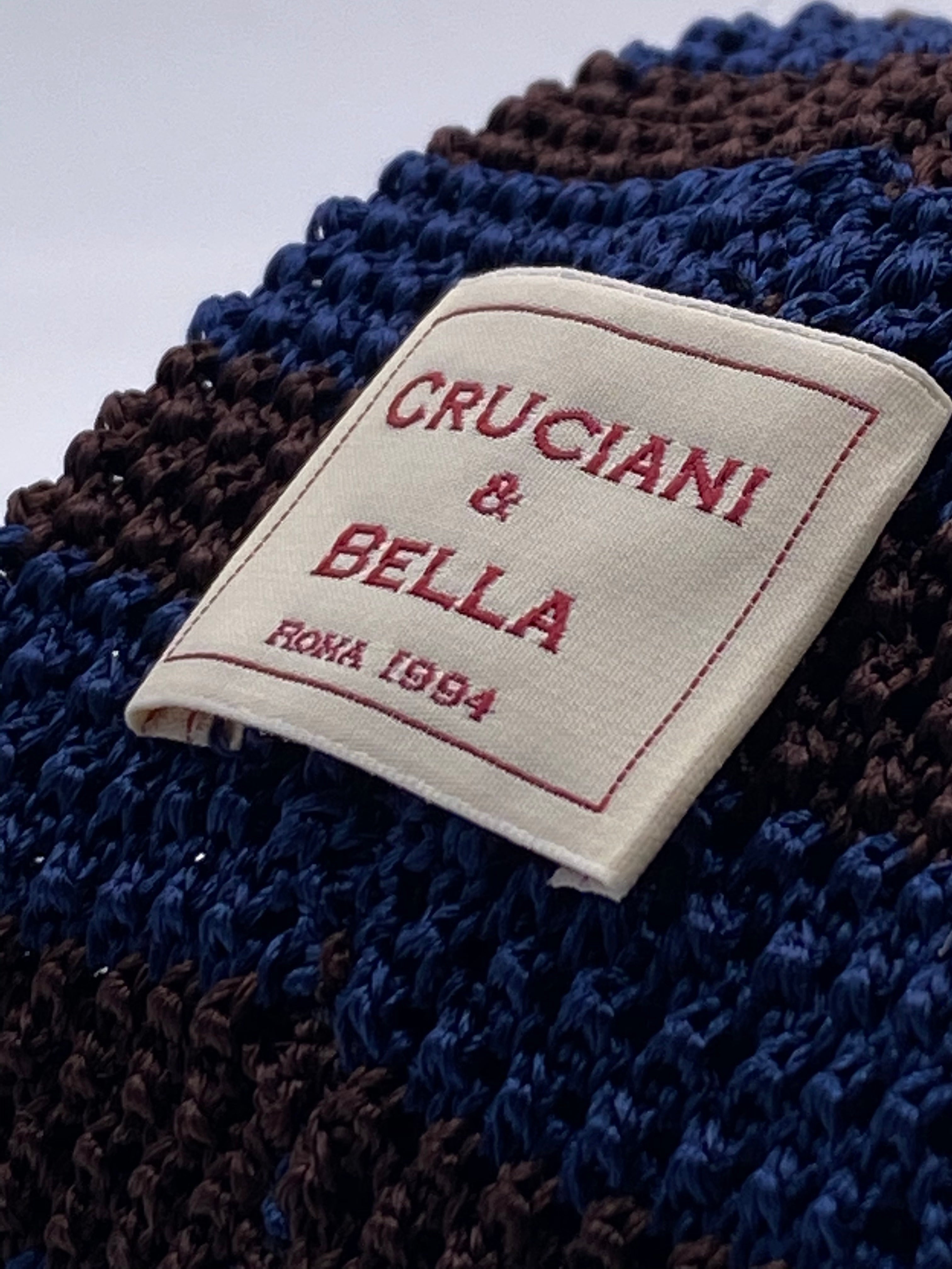 Cruciani & Bella 100% Knitted Silk Blue and Brown stripe tie Handmade in Italy 6 cm x 147 cm