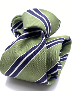 Cruciani & Bella 75% Silk 25% Cotton Jaquard Light Green, Navy Blue and White Stripe Tie Handmade in Italy 8 x 150 cm