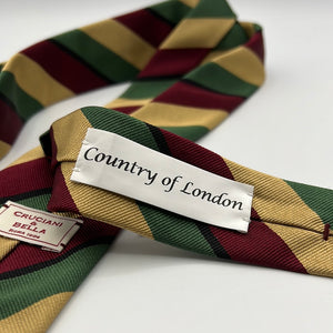Cruciani & Bella 100% Silk Slim Shape Jacquard  Unlined Regimental "1st Country of London " Wine, Gold, Green and black stripes tie Handmade in Italy 8 cm x 150 cm