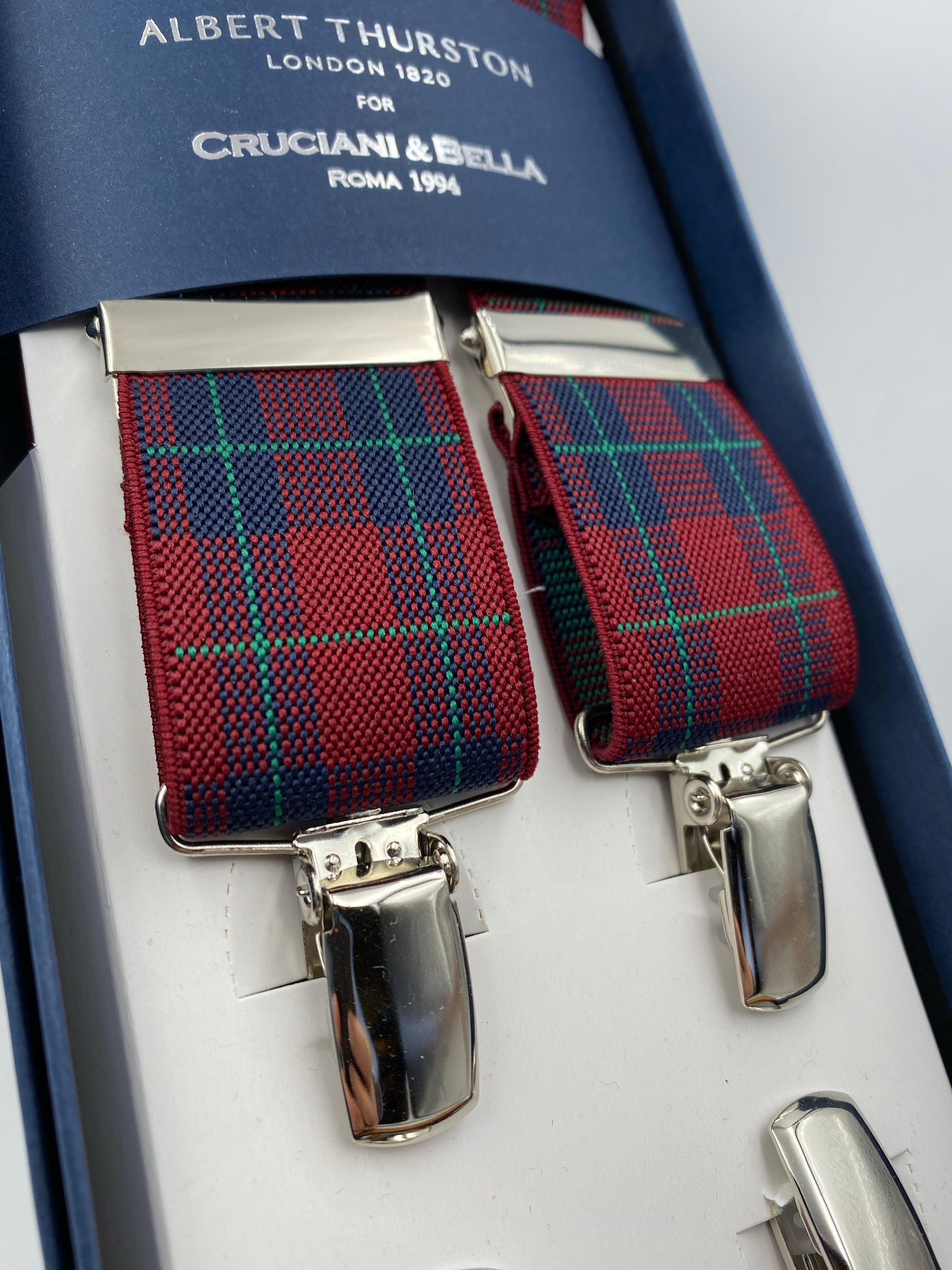 Albert Thurston for Cruciani & Bella Made in England Clip on Adjustable Sizing 35 mm elastic braces Red Tartan X-Shaped Nickel Fittings Size: L #4791