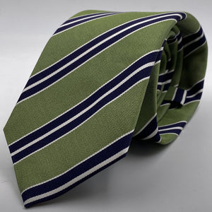 Cruciani & Bella 75% Silk 25% Cotton Jaquard Light Green, Navy Blue and White Stripe Tie Handmade in Italy 8 x 150 cm