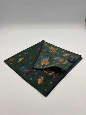 Drake's  - Printed Wool & Silk - Green and Multicolor  - Robots Motif  Pocket  Square #6890