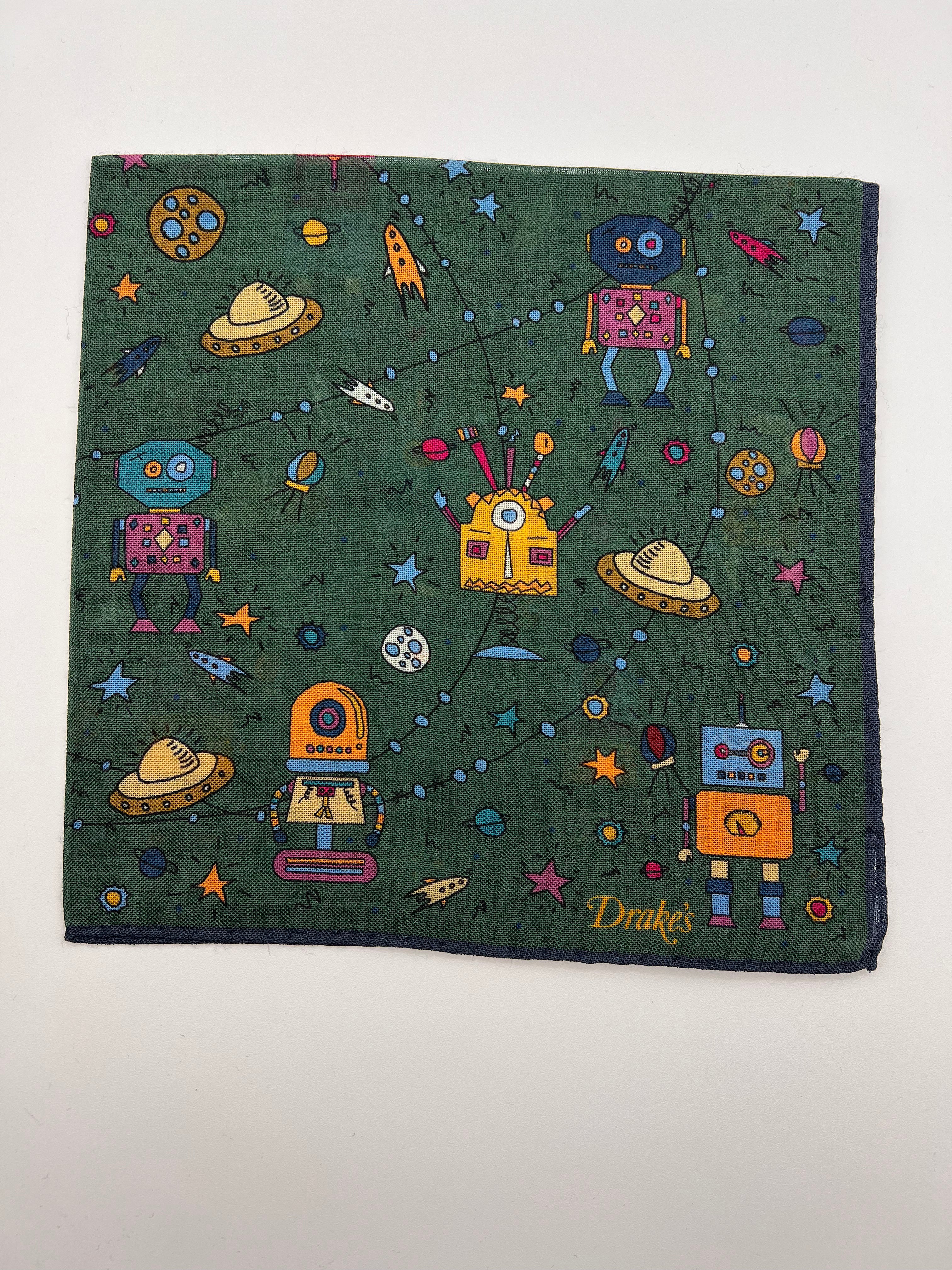 Drake's  - Printed Wool & Silk - Green and Multicolor  - Robots Motif  Pocket  Square #6890