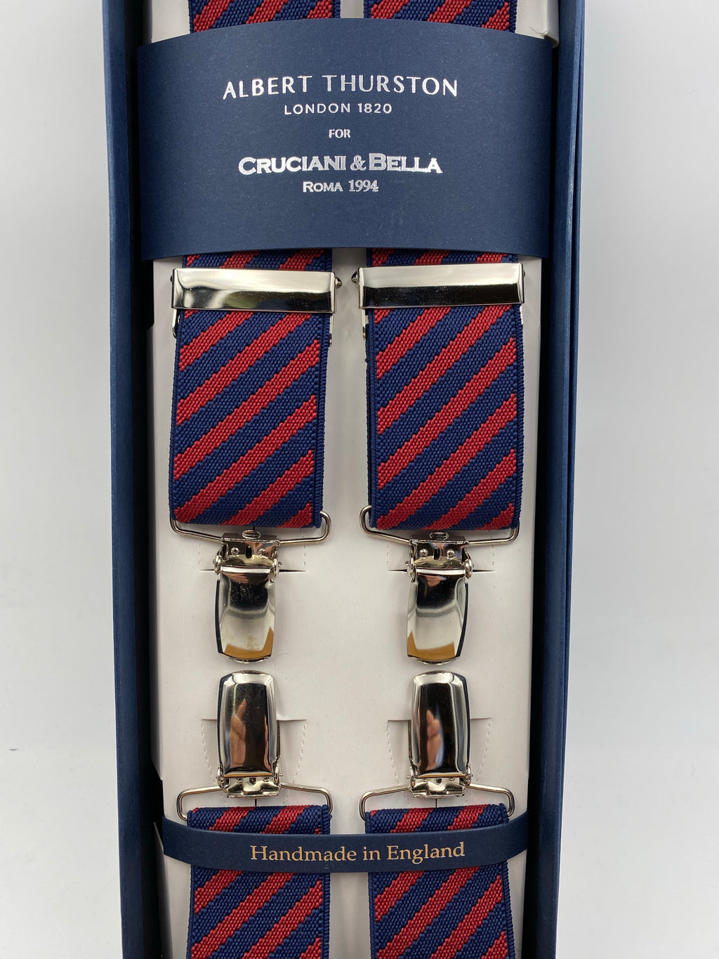 Albert Thurston for Cruciani & Bella Made in England Clip on Adjustable Sizing 35 mm elastic braces Red and Blue stripes X-Shaped Nickel Fittings Size: L #4808