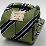 Cruciani & Bella 75% Silk 25% Cotton Jaquard Light Green, Navy Blue and White Stripe Tie Handmade in Italy 8 x 150 cm