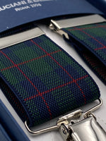 Albert Thurston for Cruciani & Bella Made in England Clip on Adjustable Sizing 35 mm elastic braces Green and Red Tartan X-Shaped Nickel Fittings Size: L #4792
