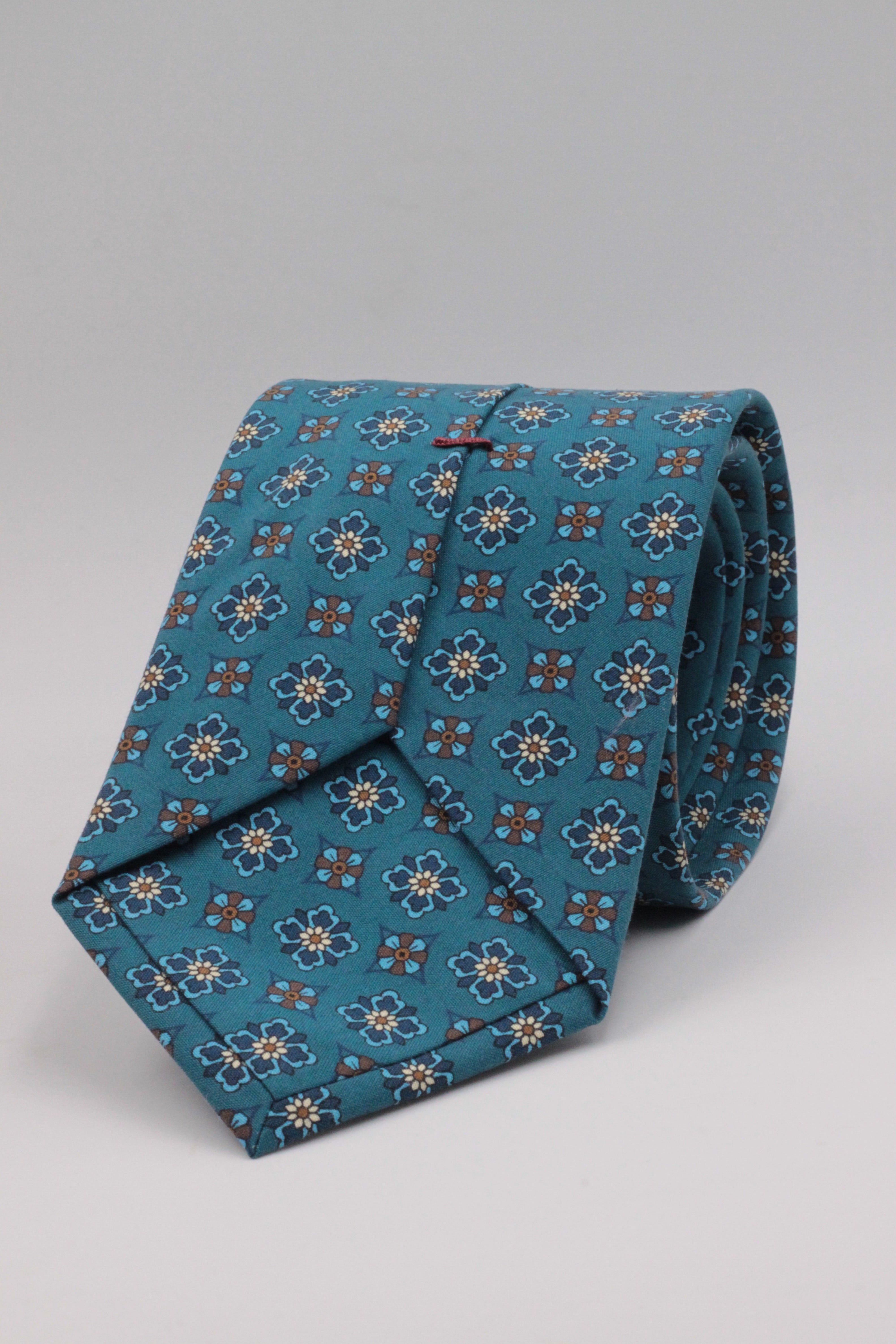 Cruciani & Bella - Printed Madder Silk - Blue Denim, Brown and Yellow Motif Tie #0165