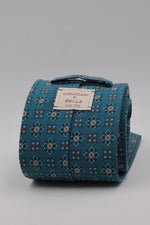 Cruciani & Bella - Printed Madder Silk - Blue Denim, Brown and Yellow Motif Tie #0165