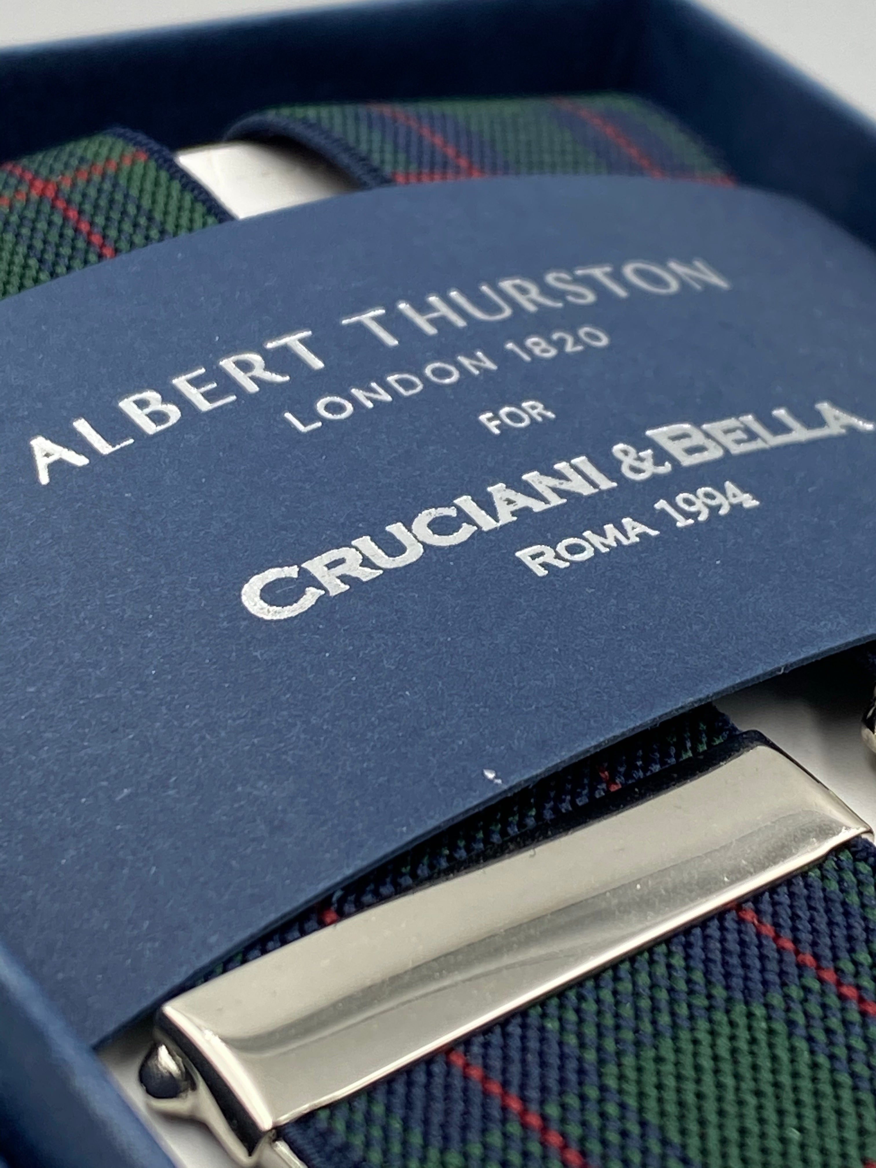 Albert Thurston for Cruciani & Bella Made in England Clip on Adjustable Sizing 35 mm elastic braces Green and Red Tartan X-Shaped Nickel Fittings Size: L #4792