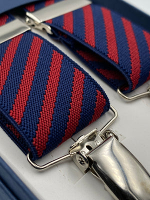 Albert Thurston for Cruciani & Bella Made in England Clip on Adjustable Sizing 35 mm elastic braces Red and Blue stripes X-Shaped Nickel Fittings Size: L #4808