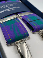 Albert Thurston for Cruciani & Bella Made in England Clip on Adjustable Sizing 35 mm elastic braces Purple and Green Tartan X-Shaped Nickel Fittings Size: L #4796