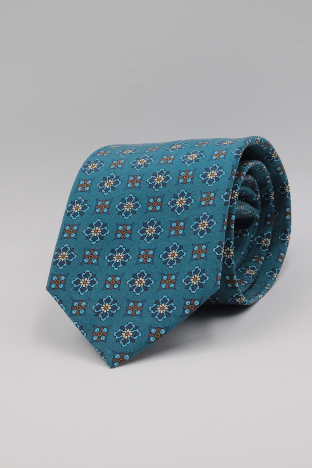 Cruciani & Bella - Printed Madder Silk - Blue Denim, Brown and Yellow Motif Tie #0165