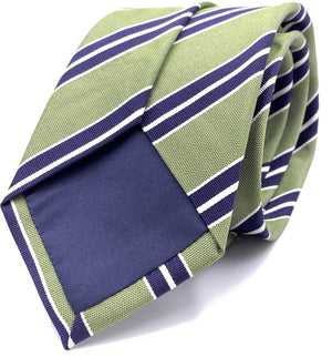 Cruciani & Bella 75% Silk 25% Cotton Jaquard Light Green, Navy Blue and White Stripe Tie Handmade in Italy 8 x 150 cm