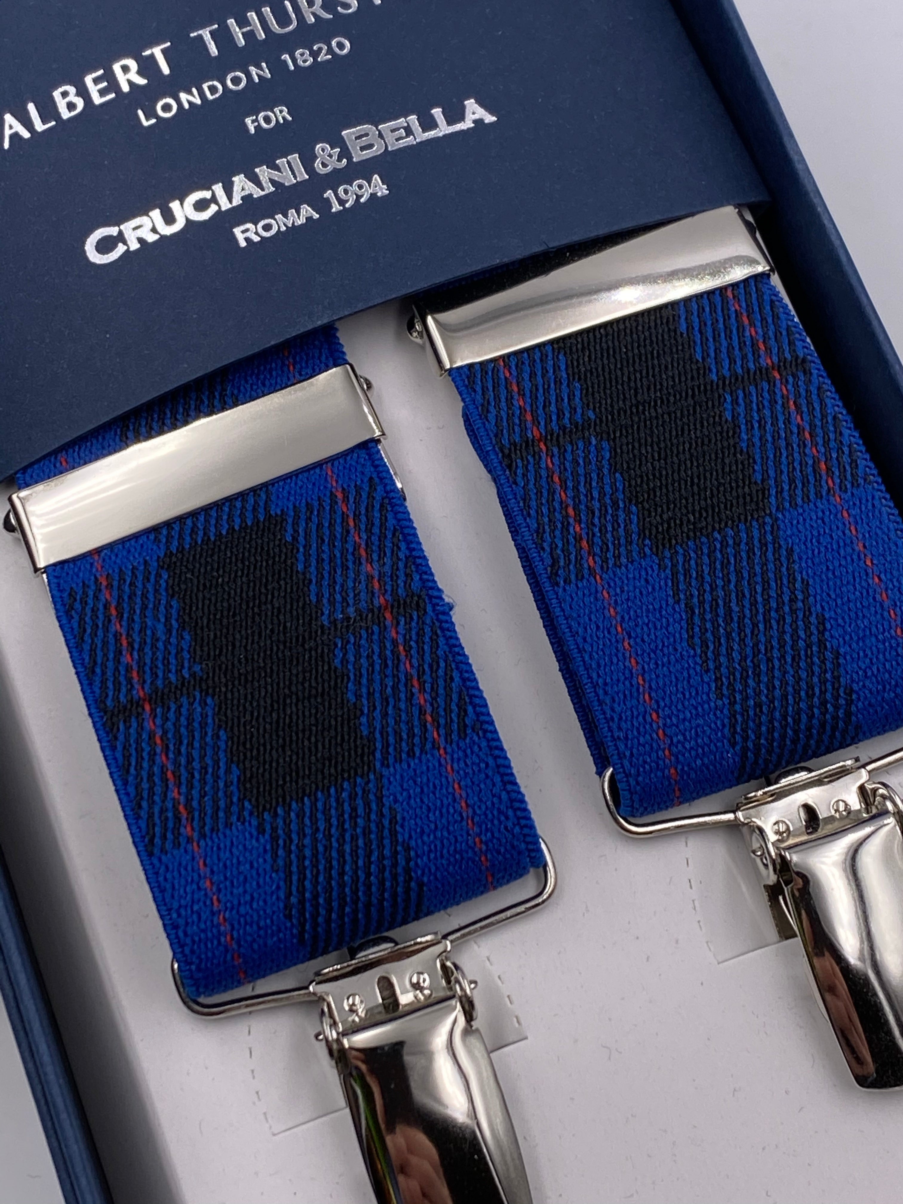 Albert Thurston for Cruciani & Bella Made in England Clip on Adjustable Sizing 35 mm elastic braces Blue Tartan X-Shaped Nickel Fittings Size: L #4795
