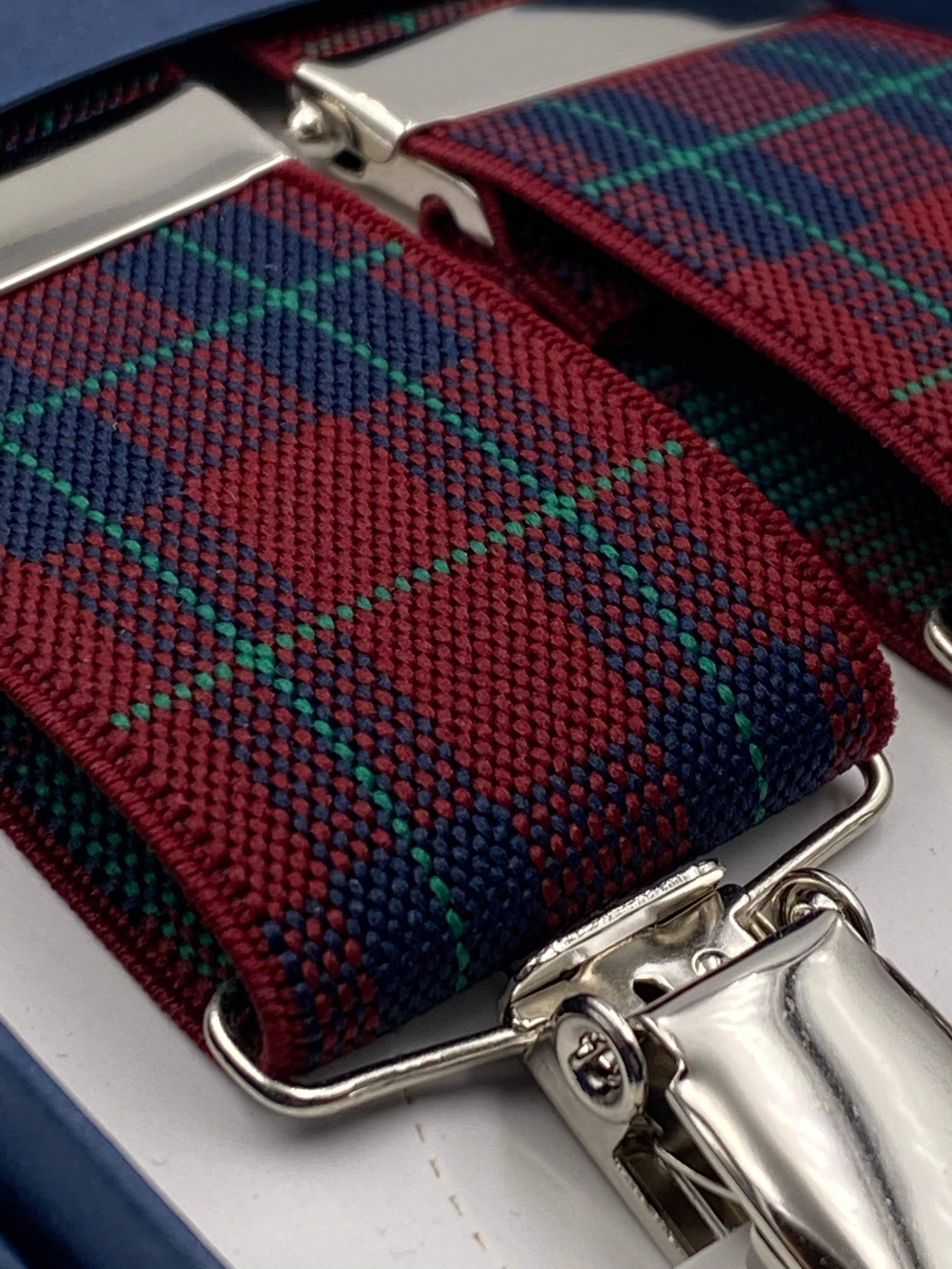 Albert Thurston for Cruciani & Bella Made in England Clip on Adjustable Sizing 35 mm elastic braces Red Tartan X-Shaped Nickel Fittings Size: L #4791
