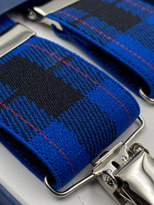 Albert Thurston for Cruciani & Bella Made in England Clip on Adjustable Sizing 35 mm elastic braces Blue Tartan X-Shaped Nickel Fittings Size: L #4795