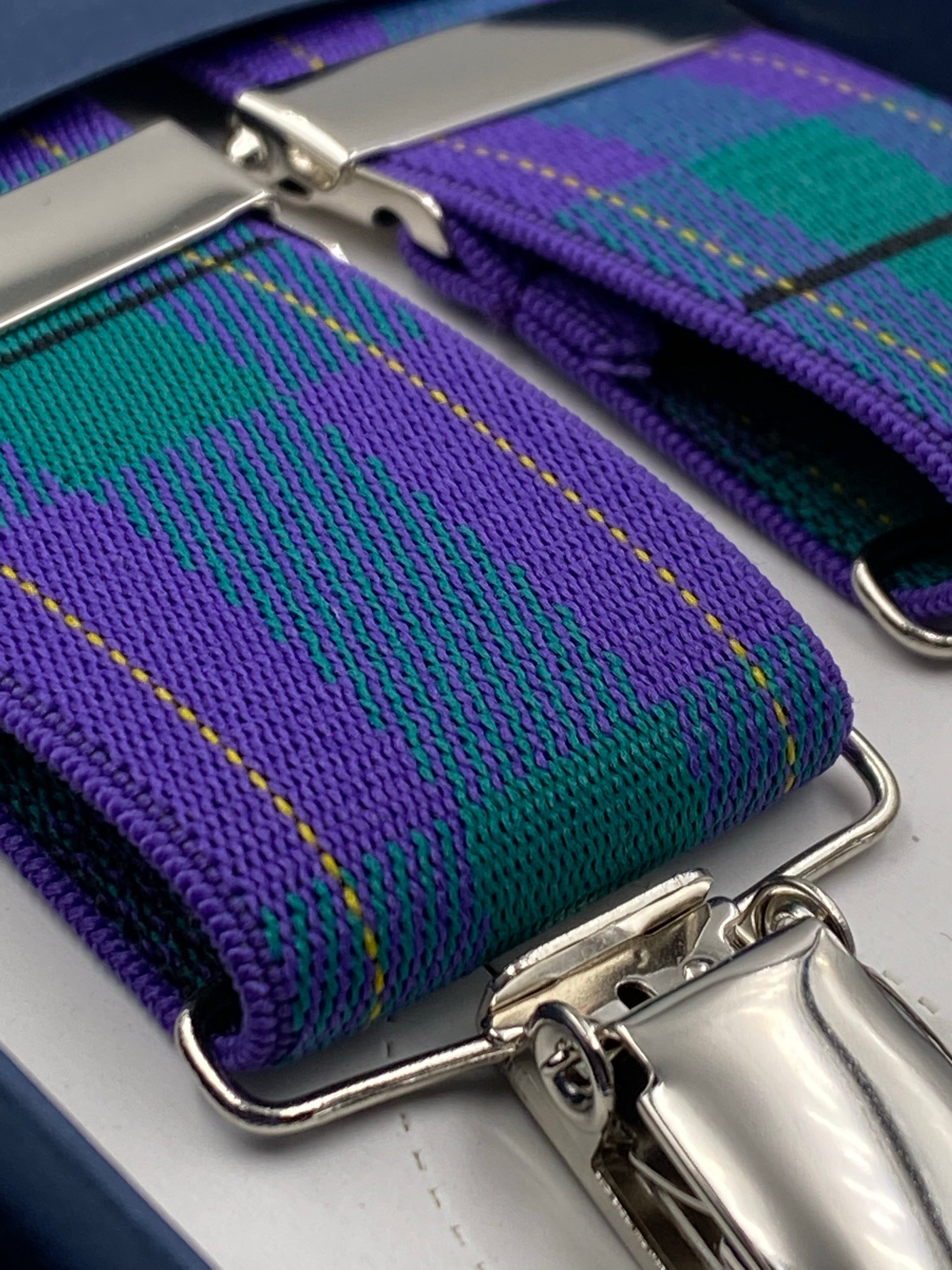 Albert Thurston for Cruciani & Bella Made in England Clip on Adjustable Sizing 35 mm elastic braces Purple and Green Tartan X-Shaped Nickel Fittings Size: L #4796
