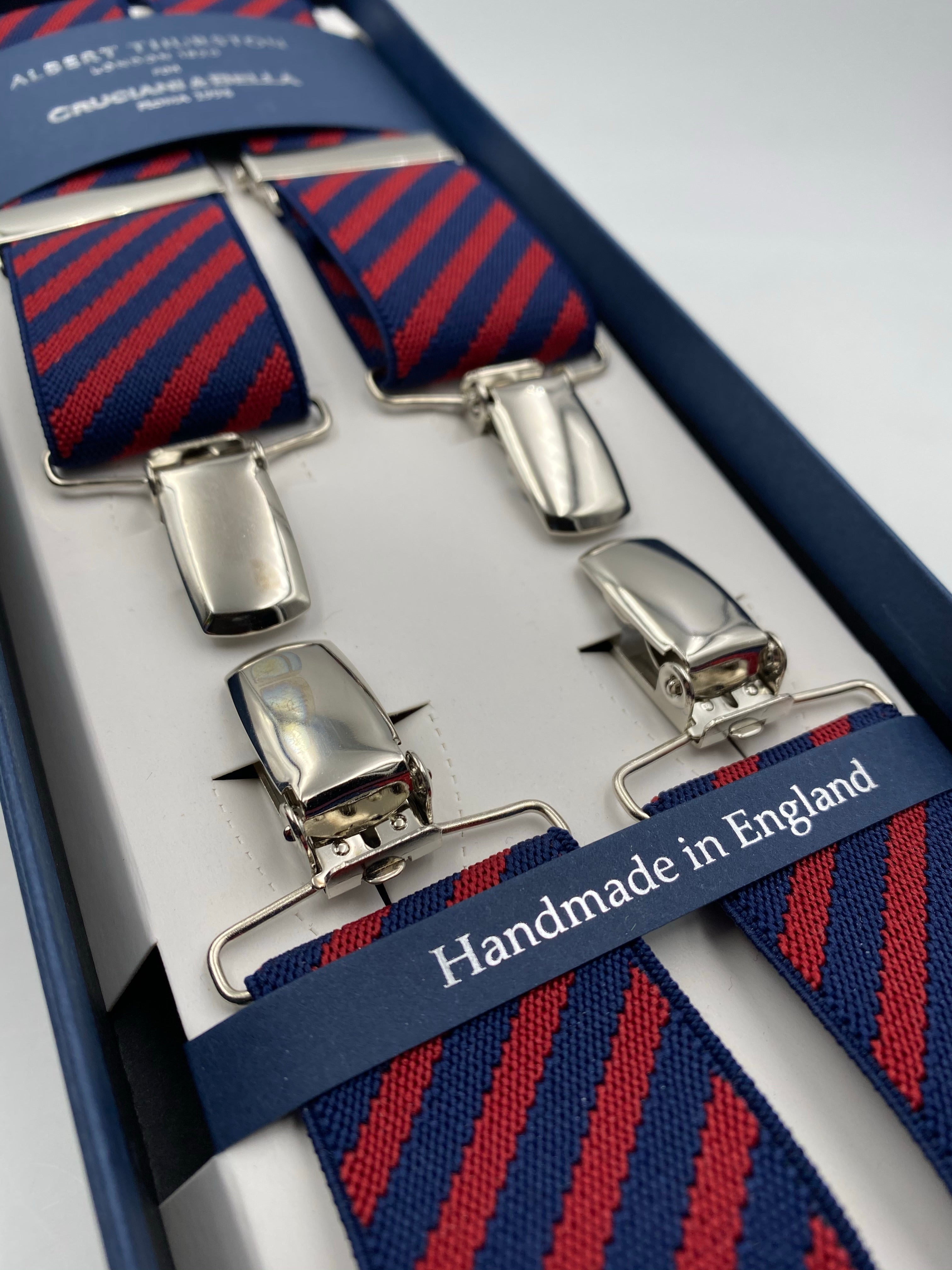 Albert Thurston for Cruciani & Bella Made in England Clip on Adjustable Sizing 35 mm elastic braces Red and Blue stripes X-Shaped Nickel Fittings Size: L #4808