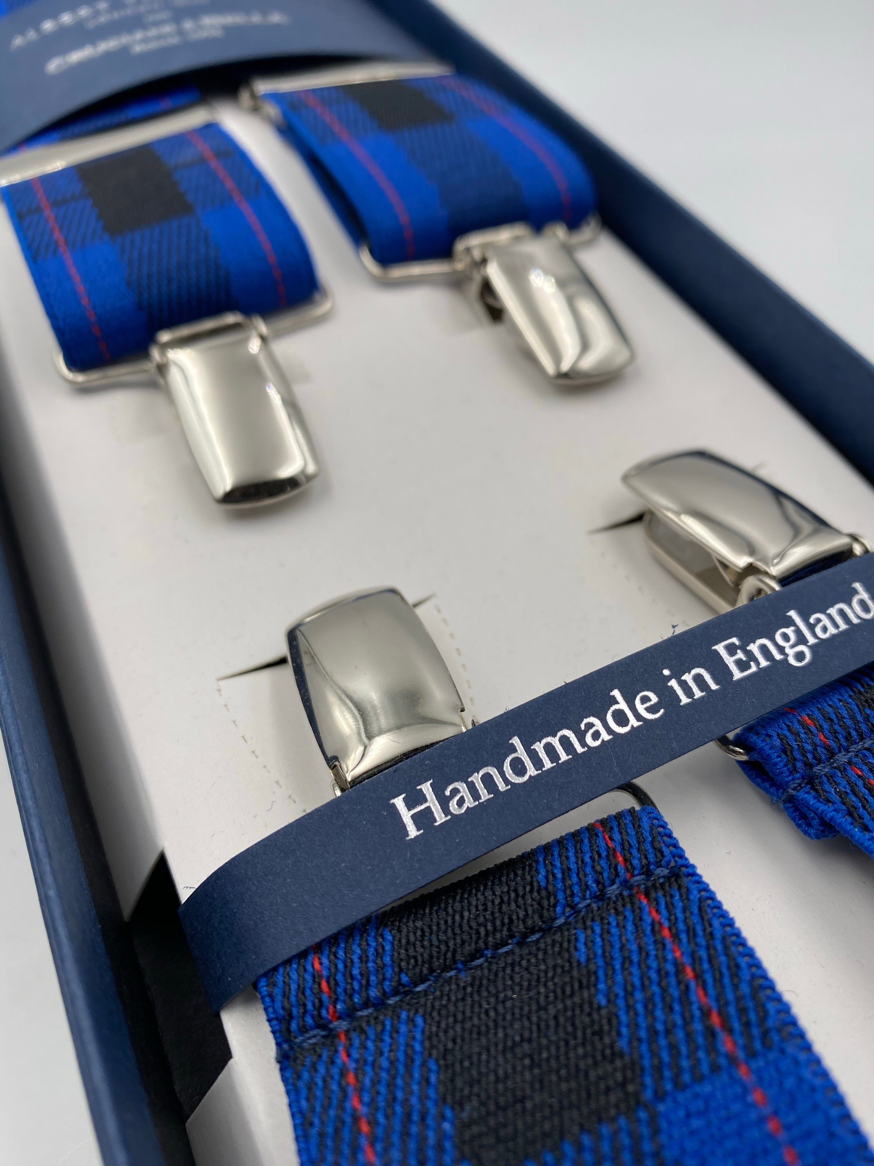 Albert Thurston for Cruciani & Bella Made in England Clip on Adjustable Sizing 35 mm elastic braces Blue Tartan X-Shaped Nickel Fittings Size: L #4795